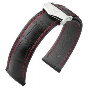 Uhrenarmband für TAG Heuer Faltschliesse - Hirsch Speed Louisiana Alligator Schwarz mit Roter Naht