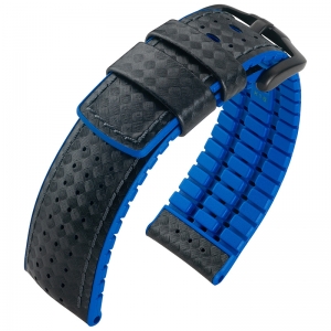 Hirsch Ayrton Performance Uhrenarmband Schwarzes Leder / Ozeanblauer Kautschuk