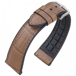 Hirsch Ian Performance Uhrenarmband Taupe Louisiana Alligator Leder / Kautschuk Schwarz