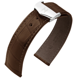 Hirsch Voyager Uhrenarmband für Omega Faltschliesse Louisiana Alligator Dunkelbraun