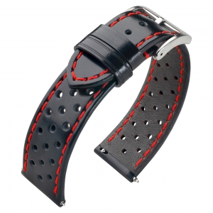 Rally Uhrenarmband Perforiertes Kalbsleder Schwarz - Rote Naht