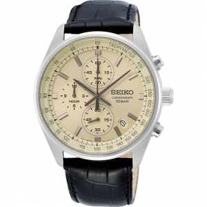 Seiko Quartz Chronograph Uhrenarmband SSB383 Leder Schwarz 22mm