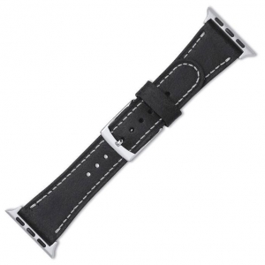 Uhrenarmband für Apple Watch Vintage Schwarz Leder mit Weisser Naht