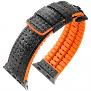 Apple Watch Uhrenarmband Hirsch Ayrton Schwarzes Leder Orangener Kautschuk