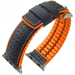 Apple Watch Uhrenarmband Hirsch Robby Schwarzes Leder Orangener Kautschuk