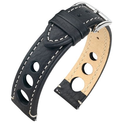 Hirsch Rally Artisan Perforiertes Uhrenarmband Schwarz mit Weisser Naht