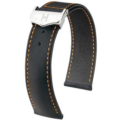 Hirsch Voyager Uhrenarmband für Omega Faltschliesse Italienisches Kalbsleder Schwarz Orangene Naht