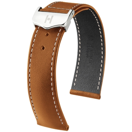 Hirsch Voyager Uhrenarmband für Omega Faltschliesse Italienisches Kalbsleder Goldbraun Weisse Naht