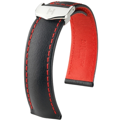 Hirsch Speed Uhrenarmband für TAG Heuer Faltschliesse Schwarz mit Roter Naht