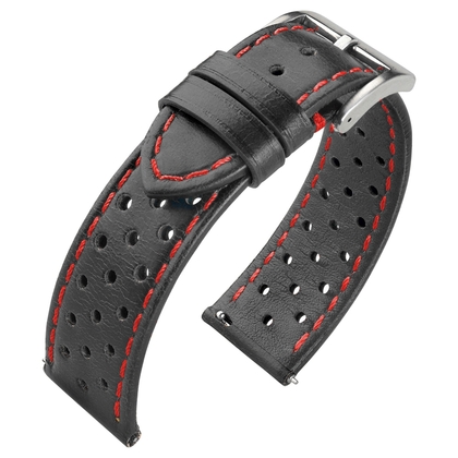 Rally Uhrenarmband Perforiertes Kalbsleder Schwarz - Rote Naht