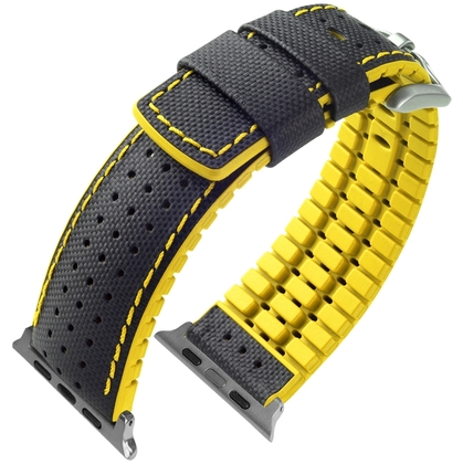 Apple Watch Uhrenarmband Hirsch Robby Schwarzes Leder Gelber Kautschuk