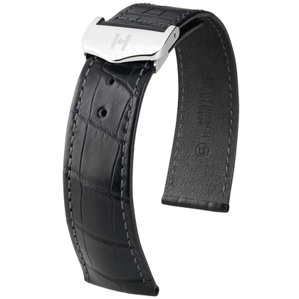 Hirsch Voyager Uhrenarmband für Omega Faltschliesse Louisiana Alligator Schwarz