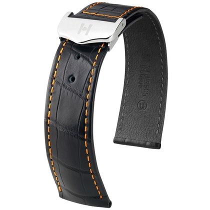 Hirsch Voyager Uhrenarmband für Omega Faltschliesse Louisiana Alligator Schwarz Orangene Naht