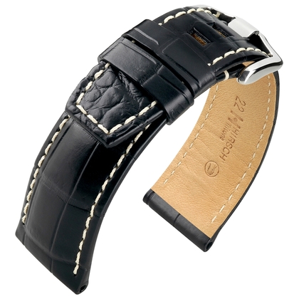Hirsch Tritone Uhrenarmband Nilkrokodil Leder Halb-Matt Schwarz mit Weisser Naht