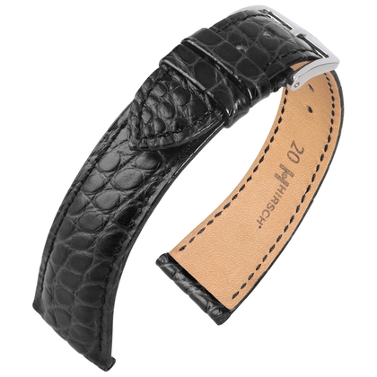 Hirsch Alligatore Uhrenarmband Alligatorflanken-Leder Matt Schwarz