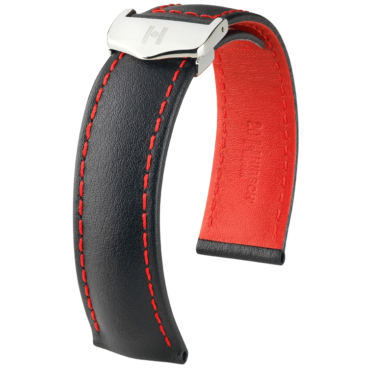 Hirsch Speed Uhrenarmband für TAG Heuer Faltschliesse Schwarz mit Roter Naht