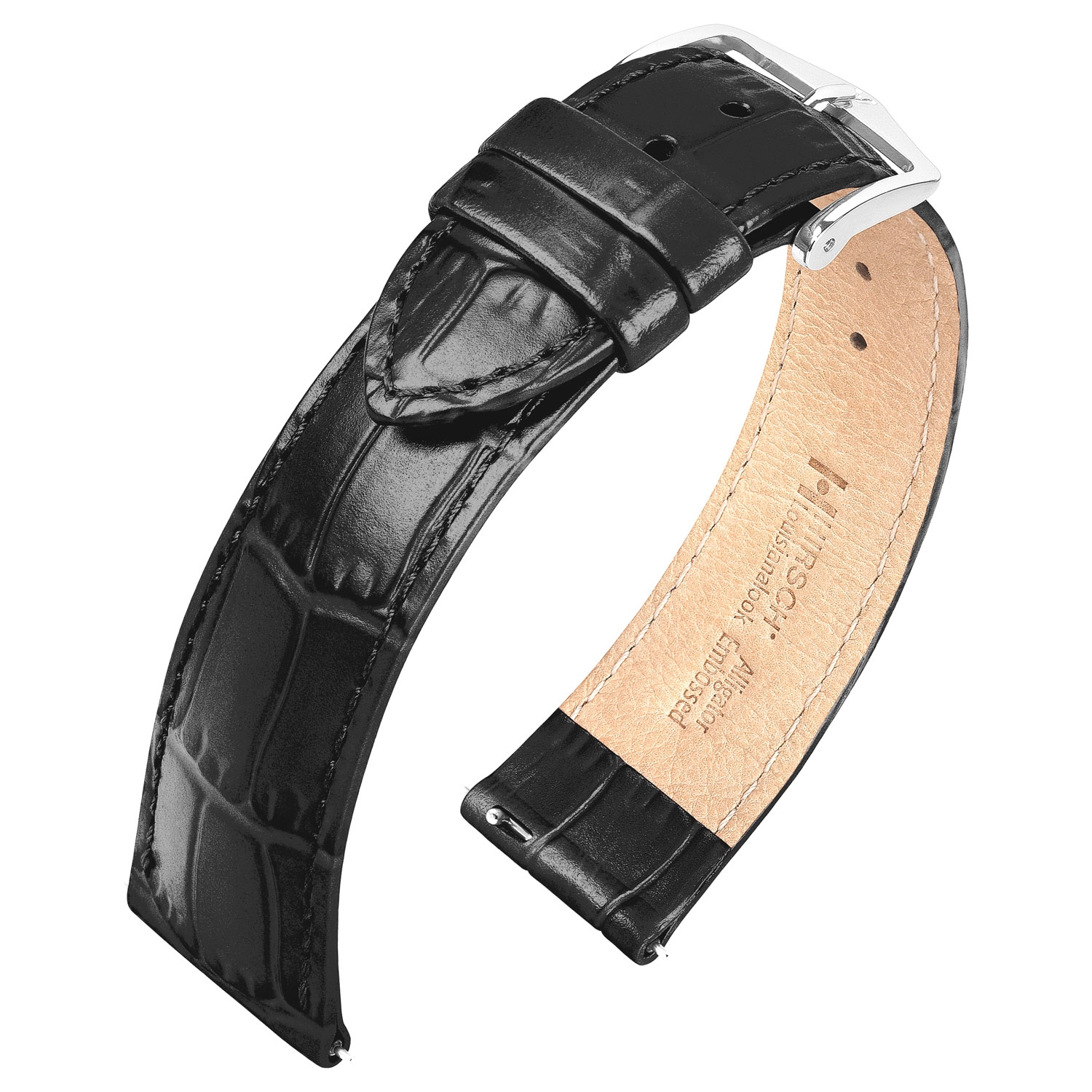 Hirsch Louisianalook Alligatorprint Uhrenarmband Glänzend Schwarz