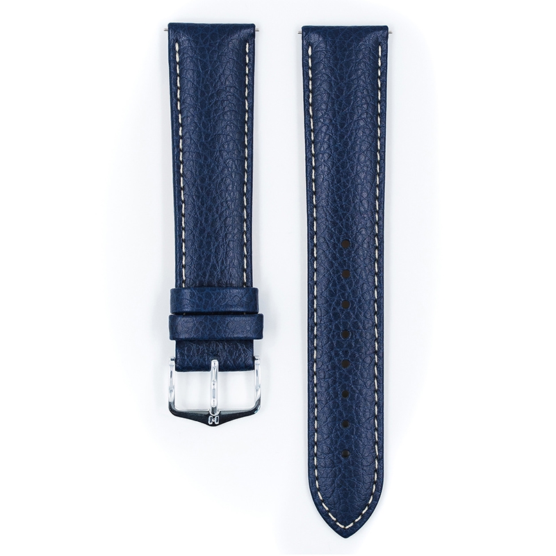 Hirsch Kansas Uhrenarmband Kalbsleder Büffelstruktur Blau mit Weisser Naht