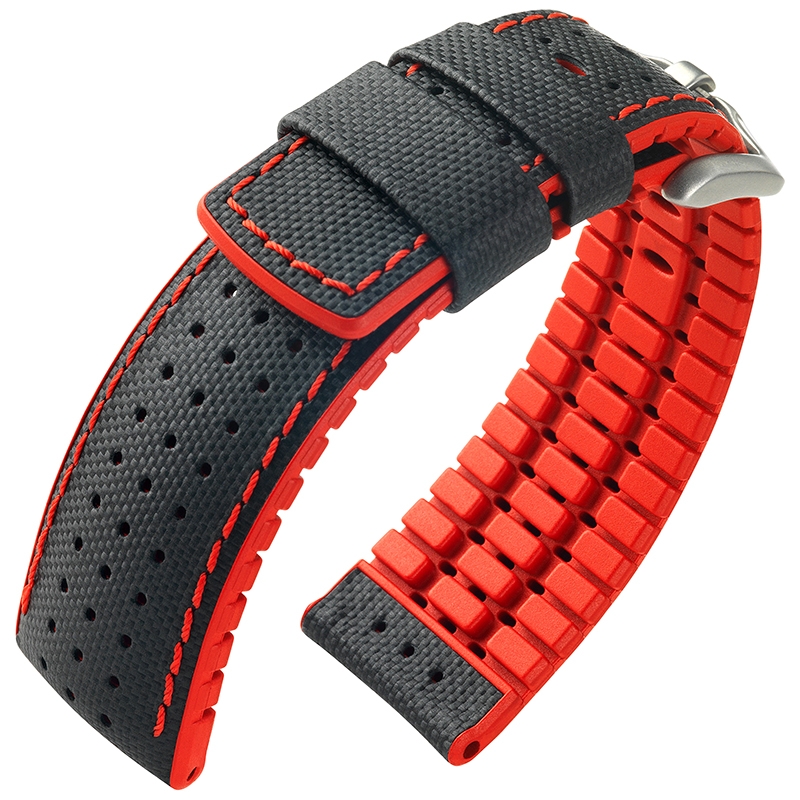 Hirsch Robby Performance Uhrenarmband Schwarz / Rot / Leder / Kautschuk 300m WR