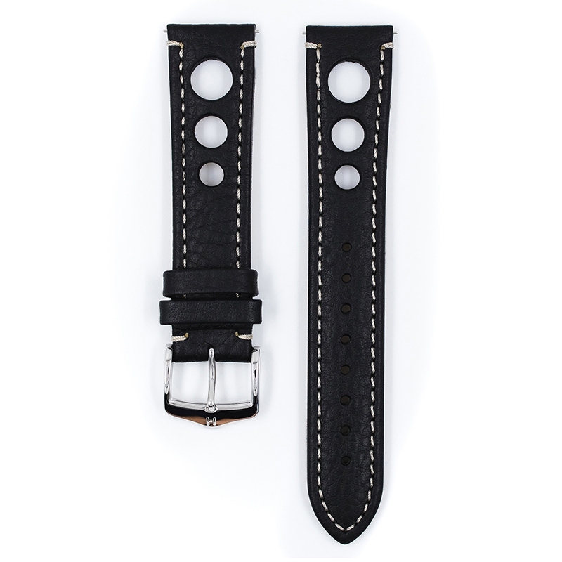 Hirsch Rally Artisan Perforiertes Uhrenarmband Schwarz mit Weisser Naht