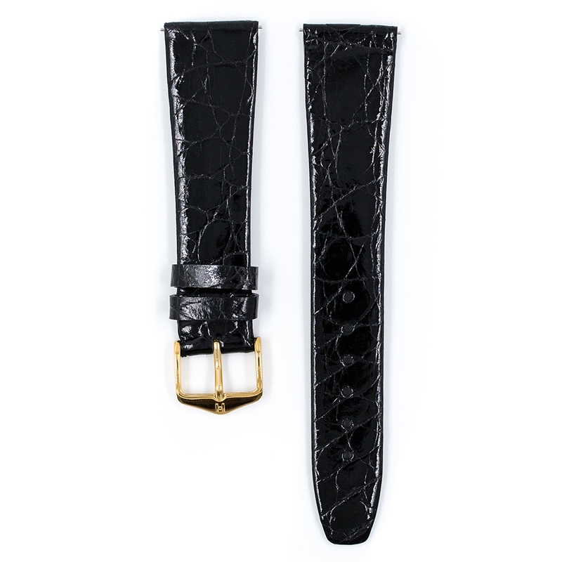Hirsch Prestige Uhrenarmband Glänzendes Krokodilleder Schwarz