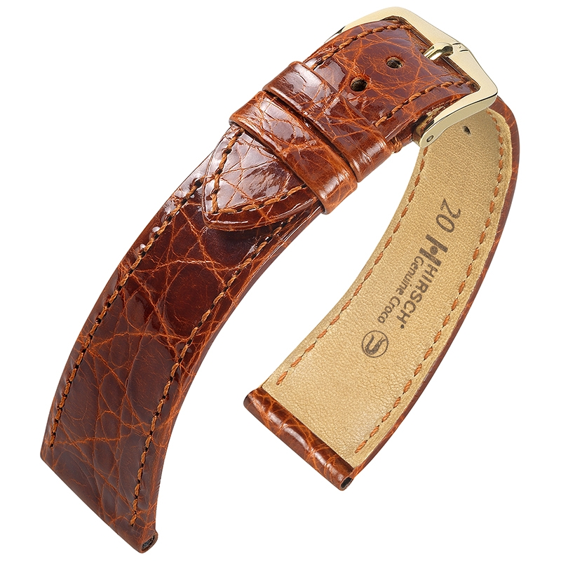 Hirsch Genuine Croco Uhrenarmband Krokodilleder Glänzend Goldbraun