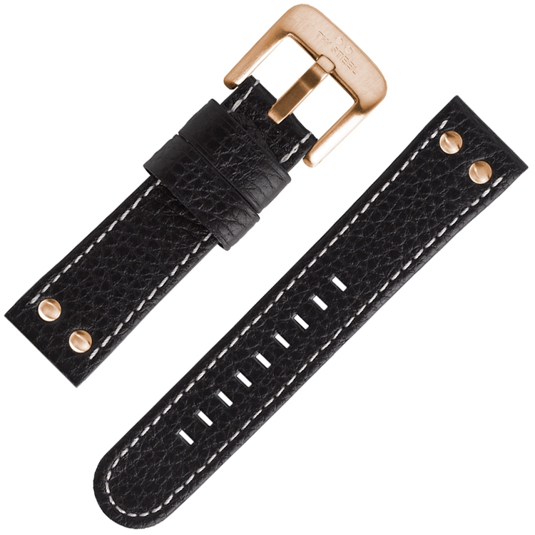 TW Steel Uhrenarmband Universell Leder Schwarz Rosegoldene Nieten 24mm
