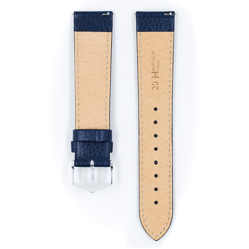 Hirsch Kansas Uhrenarmband Kalbsleder Büffelstruktur Blau mit Weisser Naht