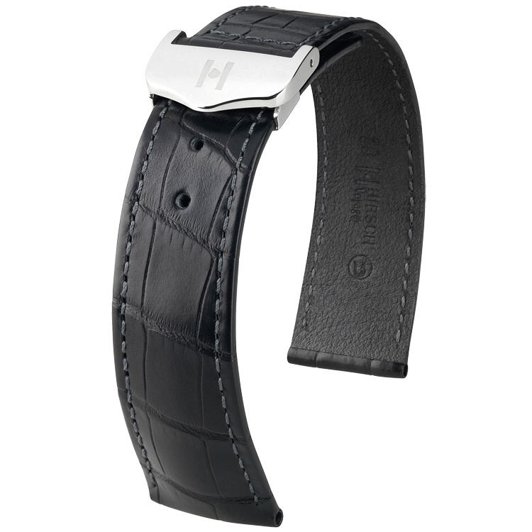 Hirsch Voyager Uhrenarmband für Omega Faltschliesse Louisiana Alligator Schwarz