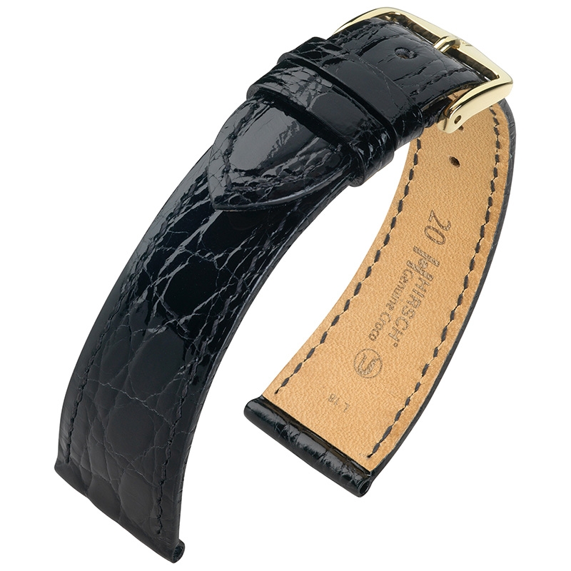OFFENER ANSATZ: Hirsch Genuine Croco Uhrenarmband Krokodilleder Glänzend Schwarz