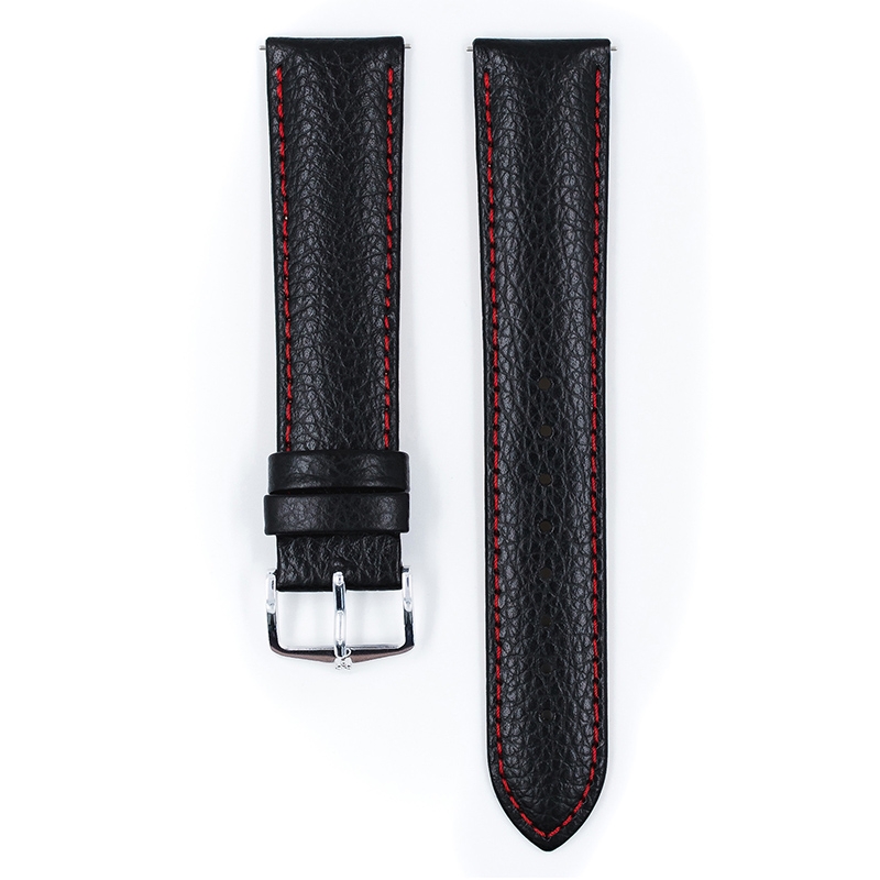 Hirsch Kansas Uhrenarmband Kalbsleder Büffelstruktur Schwarz mit Roter Naht
